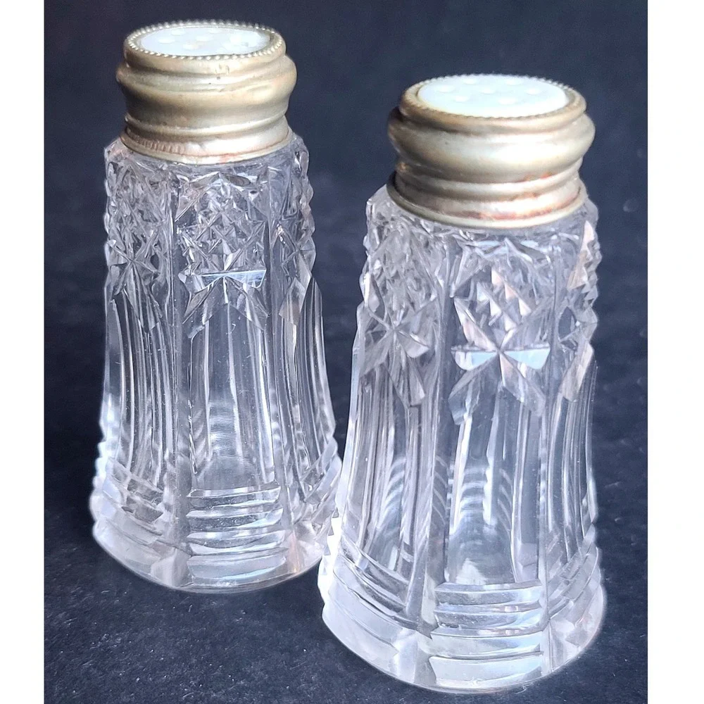 Vintage Crystal Salt-n-Pepper Shakers Metal Lids Mother of Pearl Lids Sterling‎